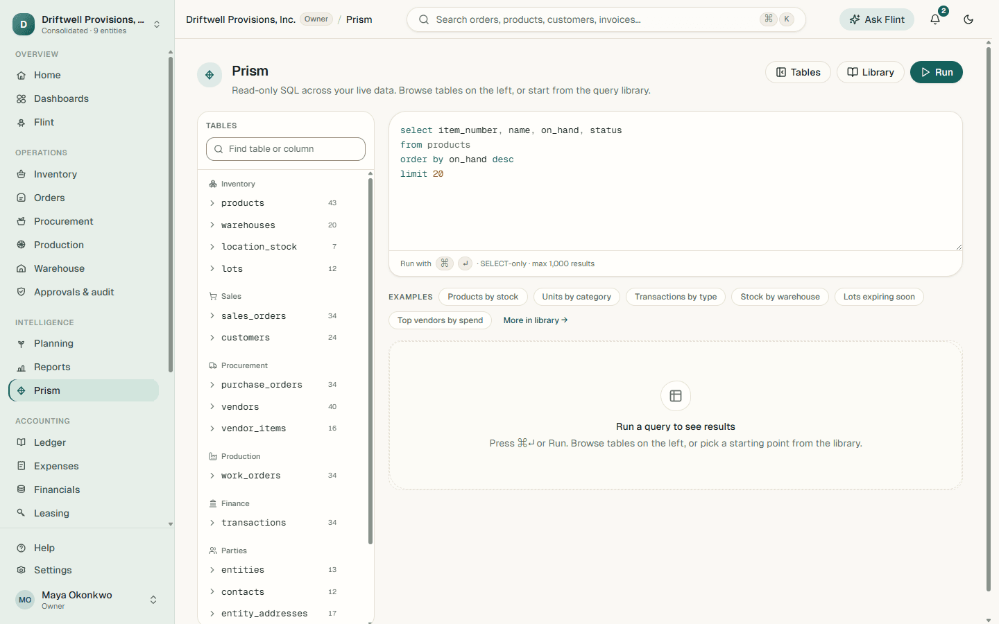Prism: query live operational data in plain SQL and get results in one click