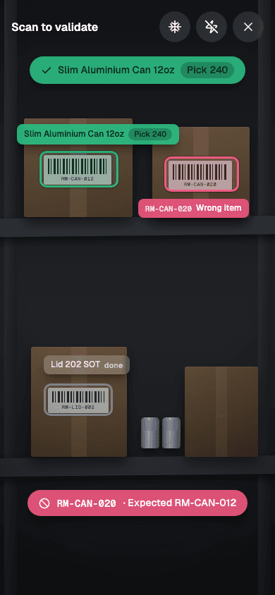 Guided pick step two in the Cairn AR view: a live camera of the shelf where the expected item tracks green with a Pick 240 chip, a wrong barcode flashes red with a reject banner, and a completed line is greyed out