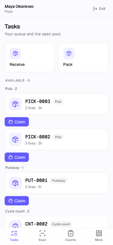 The Cairn floor app task queue on a phone: claimable pick, putaway, and cycle-count tasks with line counts and ages, plus receive and pack shortcuts