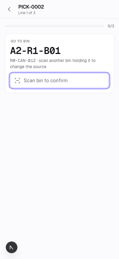 Guided pick step one on the Cairn floor app: go to bin A2-R1-B01 shown in large monospace type, with a scan-bin-to-confirm field