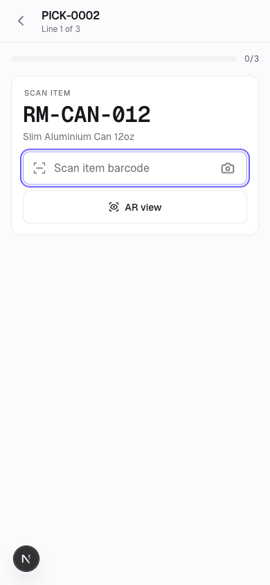Guided pick step two on the Cairn floor app: scan item RM-CAN-012 with a barcode field, camera button, and an AR view option