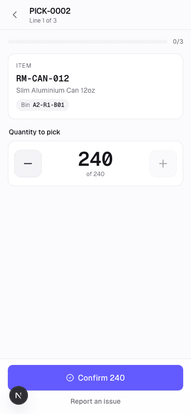 Guided pick step three on the Cairn floor app: item and bin chips, a large 240-unit quantity stepper, a confirm button, and a report-an-issue action